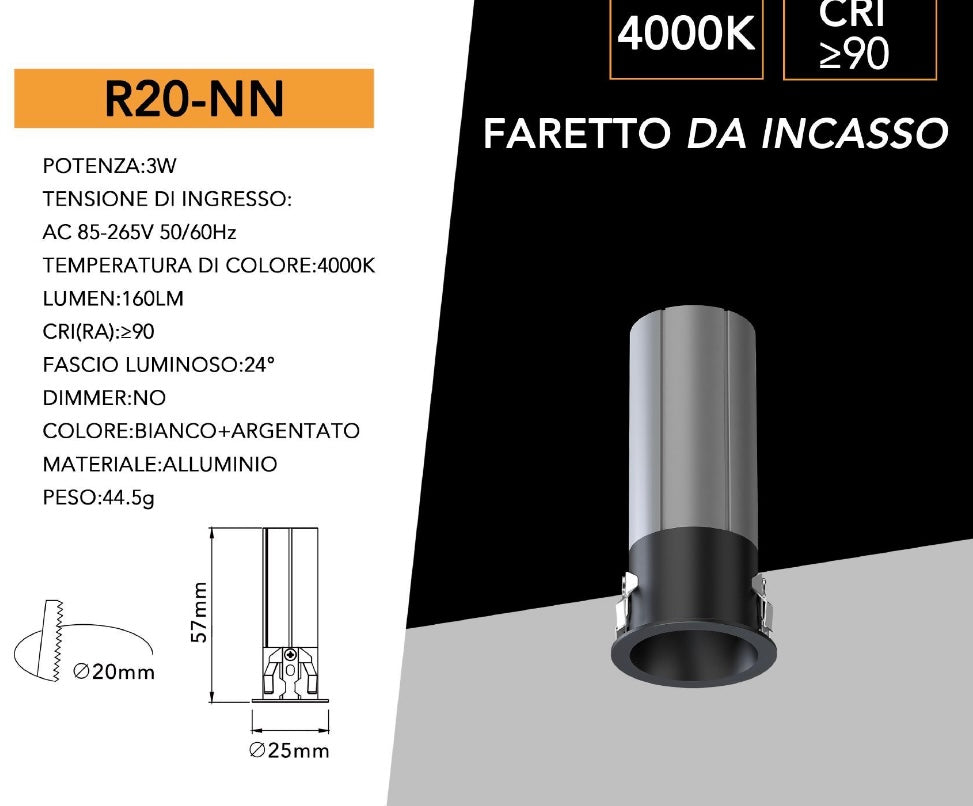 Mini Faretto LED da Incasso COB 3W Nero, Foro Ø20 mm, CRI≥90, Fascio 24°, Spot LED da Incasso per Vetrine, Mobili, Mensole, Scale e Controsoffitti, Luce 3000K/4000K/6000K,Modelli R20-N