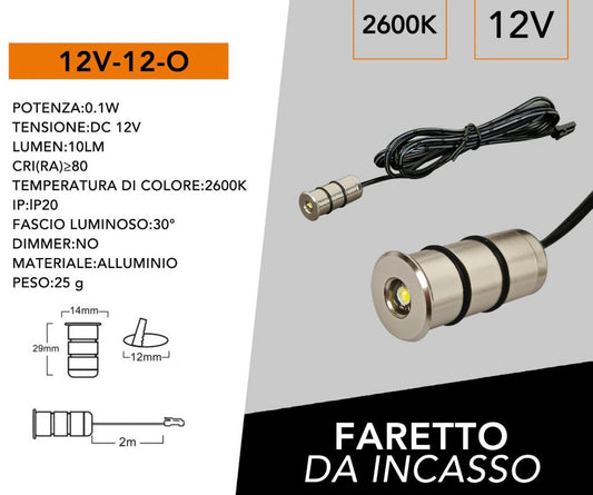 Mini Faretti LED da Incasso 12V DC 0,1W, Kit da 5 Pezzi, Foro Ø12 mm, Corpo in Alluminio, Cavo da 2 m, Mini Spot LED per Camper, Barca, Mobili, Vetrine e Illuminazione Decorativa, 12V-12