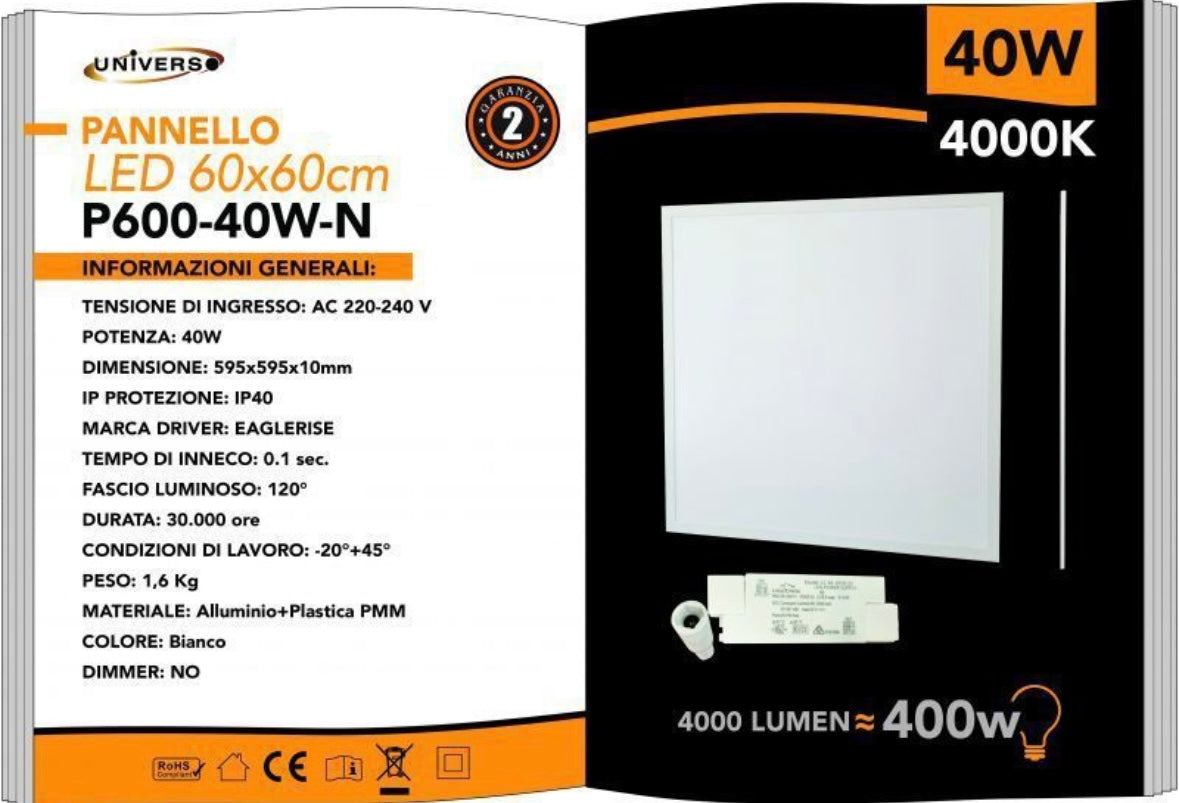 Pannello LED 60x60 40W 4000LM 4000K Luce Naturale, Pannello LED da Incasso 595x595mm, Ultrasottile 10mm, Fascio 120°, IP40, 1 Pezzo, P600-40W-N