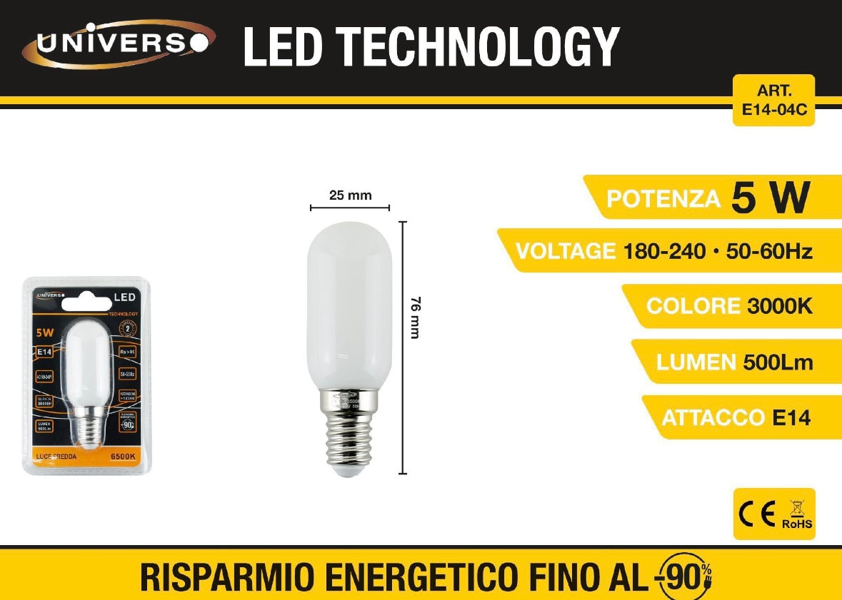 Lampadine LED E14 5W 500LM, 10 Pezzi, 4000K Luce Naturale, Tubolari Ø25x76mm, 180-240V 50/60Hz, E14-04