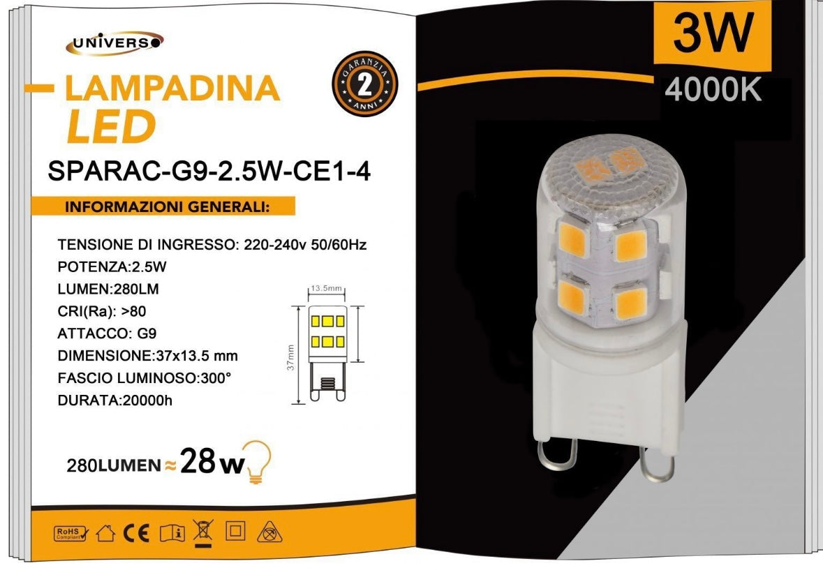 Lampadine LED G9 2.5W 280LM 10 Pezzi 220-240V SPARAC-G9-2.5W-CE1