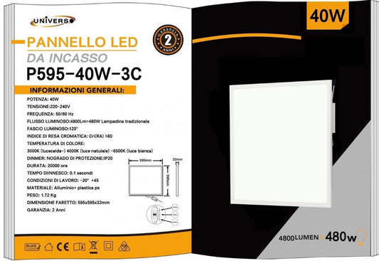 Pannello LED da Incasso 60x60 40W 4800LM, 3 Colori Selezionabili 3000K 4000K 6500K, Plafoniera LED Quadrata 595x595mm, Fascio 120°, CRI>80, Ultrasottile 32mm, 1 Pezzo, P595-40W-3C