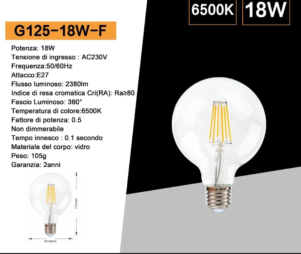 Lampadine LED E27 G125 18W, Confezione da 5 Pezzi, Globo XL Ø125mm, 2380LM, Luce 3000K/4000K/6500K, Vetro Trasparente, Fascio Luminoso 360°, Basso Consumo Energetico, G125-18W