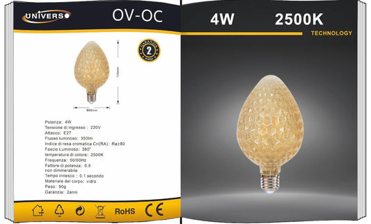 Lampadine LED Decorative E27 Effetto Cristallo a Goccia, Confezione da 5 Pezzi, 4W 2500K, 350LM, Vetro Ambrato, Luce Extra Calda, 360°, Lampadina Vintage Design, Non Dimmerabile, Modello OV-OC