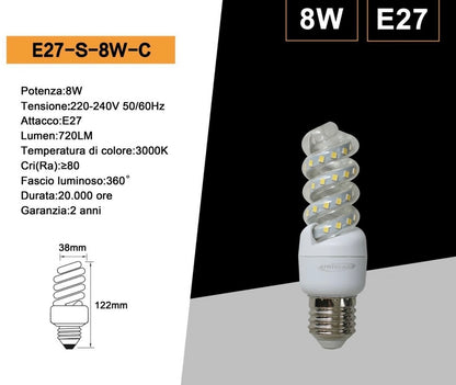 Lampadine LED E27 8W, Confezione da 10 Pezzi, 720LM, 3000K/4000K/6500K, Lampadina LED a Spirale, Luce Calda/Naturale/Fredda, CRI>80, Illuminazione 360°, Risparmio Energetico, Modello E27-S-8W