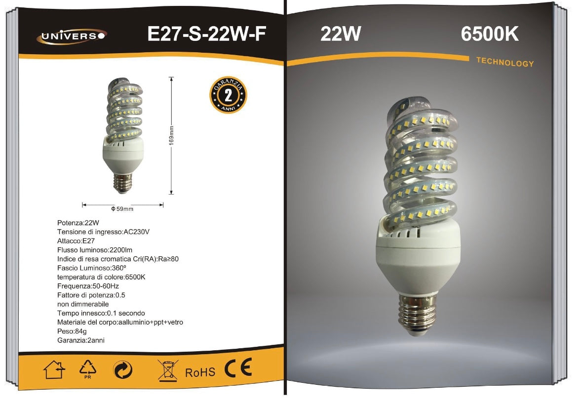 Lampadine LED E27 22W, Confezione da 10 Pezzi, 2200LM, 3000K/4000K/6500K, Luce Calda, Naturale e Fredda, Lampadina LED a Spirale, CRI>80, Illuminazione 360°, Risparmio Energetico, E27-S-22W