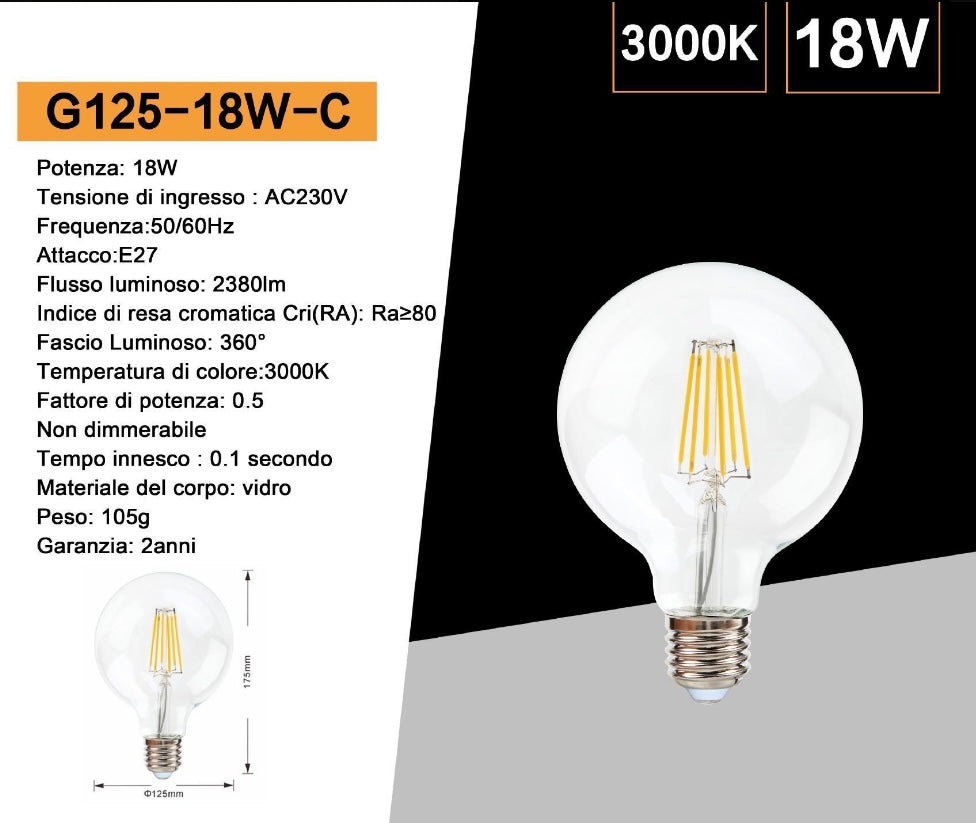 Lampadine LED E27 G125 18W, Confezione da 5 Pezzi, Globo XL Ø125mm, 2380LM, Luce 3000K/4000K/6500K, Vetro Trasparente, Fascio Luminoso 360°, Basso Consumo Energetico, G125-18W
