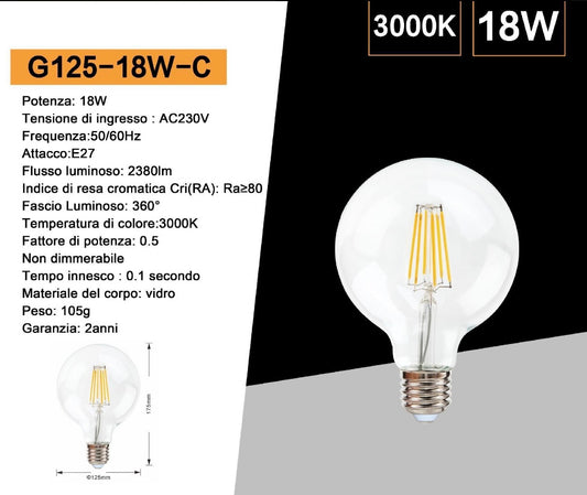 Lampadine LED E27 G125 18W, Confezione da 5 Pezzi, Globo XL Ø125mm, 2380LM, Luce 3000K/4000K/6500K, Vetro Trasparente, Fascio Luminoso 360°, Basso Consumo Energetico, G125-18W