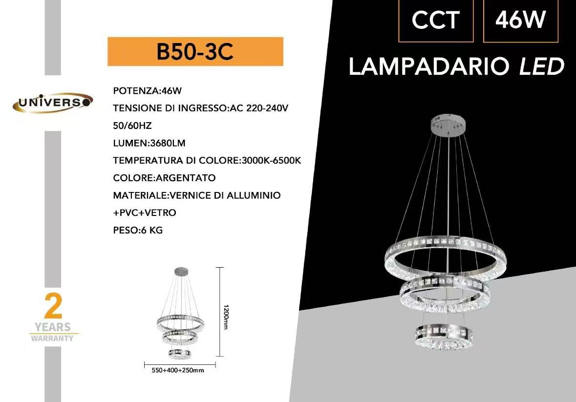 Lampadario LED Moderno 46W CCT 3680 Lumen, Sospensione a 3 Cerchi in Cristallo, Luce 3000K-6500K, Lampadario da Soffitto per Soggiorno Sala da Pranzo Camera B50-3C