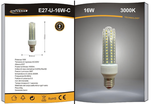 Lampadine LED E27 16W, Confezione da 10 Pezzi, 1600LM, 3000K/4000K/6500K, Luce Calda, Naturale e Fredda, Lampadina LED a U, CRI>80, Illuminazione 360°, Risparmio Energetico, Modello E27-U-16W