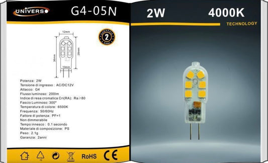 Lampadine LED G4 2W 200LM 12V 10 Pezzi Bi-Pin G4-05