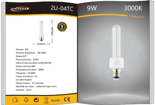 Lampadine LED E27 9W, Confezione da 6 Pezzi, 810LM, Luce Calda 3000K, Lampadina LED Tubolare, Emissione 360°, CRI>80, Basso Consumo Energetico, Non Dimmerabile, Attacco E27, Modello 2U-04TC