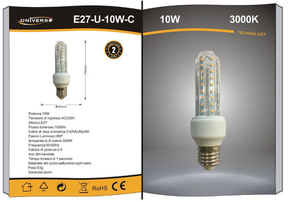 Lampadine LED E27 10W, Confezione da 10 Pezzi, 1000LM, 3000K/4000K/6500K, Luce Calda, Naturale e Fredda, Lampadina LED a U, CRI>80, Illuminazione 360°, Risparmio Energetico, Modello E27-U-10W