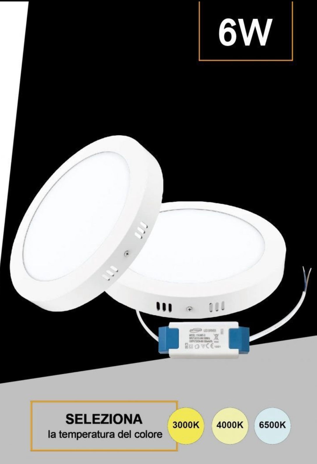Pannello LED Rotondo da Soffitto 6W 480LM, 3 Temperature Colore Selezionabili 3000K 4000K 6500K, Plafoniera LED Ø120mm, Altezza 34mm, Fascio 120°, CRI≥80, IP20, 1 Pezzo, P-120B-T3C