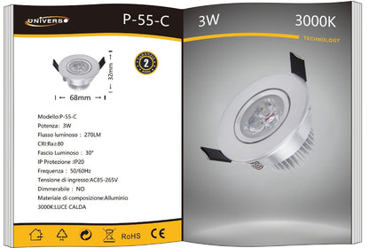 Faretti LED da Incasso 3W, Kit da 5 Pezzi, COB LED 270 lm, Foro Ø68 mm, Luce 3000K/4000K/6500K, Fascio 30°, AC 85-265V, Corpo in Alluminio, Faretto da Soffitto per Cartongesso,P-55