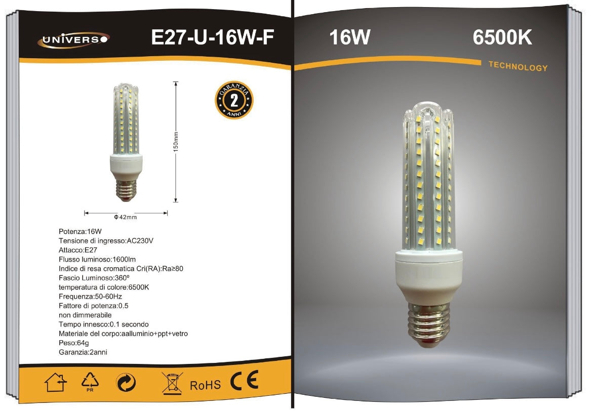 Lampadine LED E27 16W, Confezione da 10 Pezzi, 1600LM, 3000K/4000K/6500K, Luce Calda, Naturale e Fredda, Lampadina LED a U, CRI>80, Illuminazione 360°, Risparmio Energetico, Modello E27-U-16W
