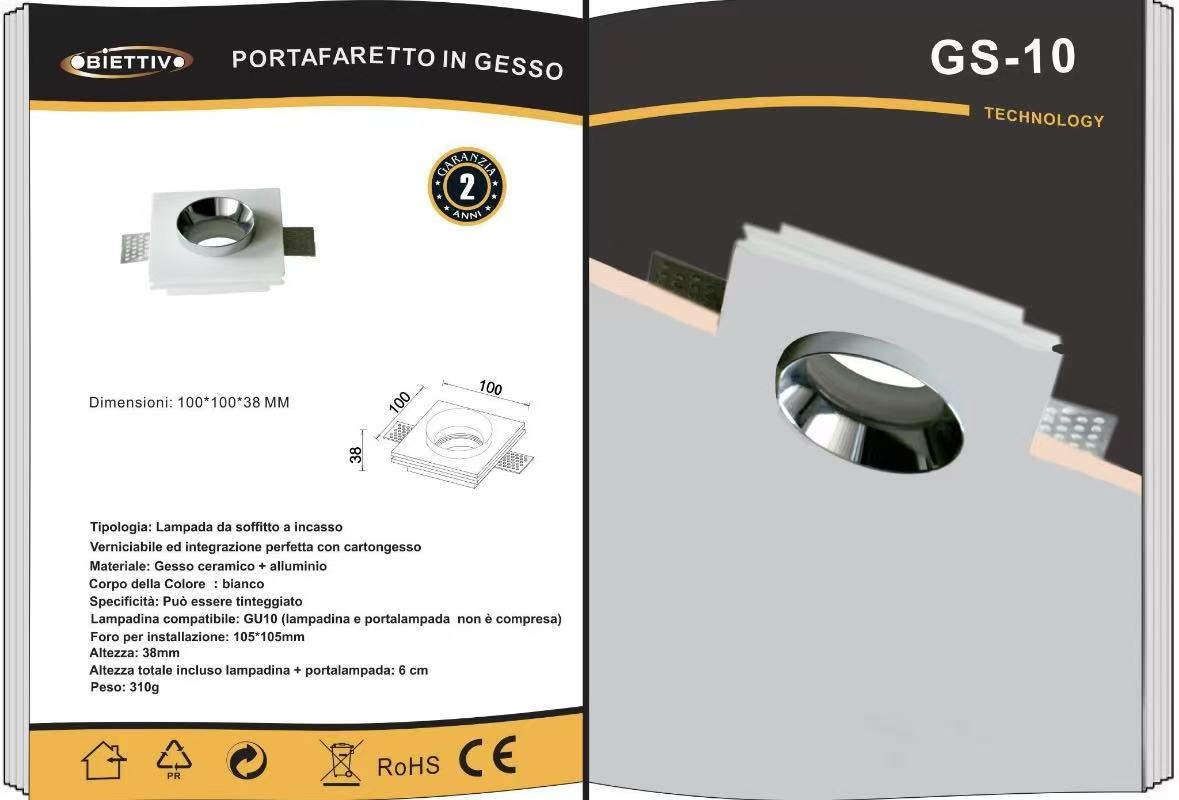 3 Pezzi Portafaretto da Incasso in Gesso Quadrato GU10 – Verniciabile, per Cartongesso, Supporto Faretto da Soffitto 100x100mm GS-10