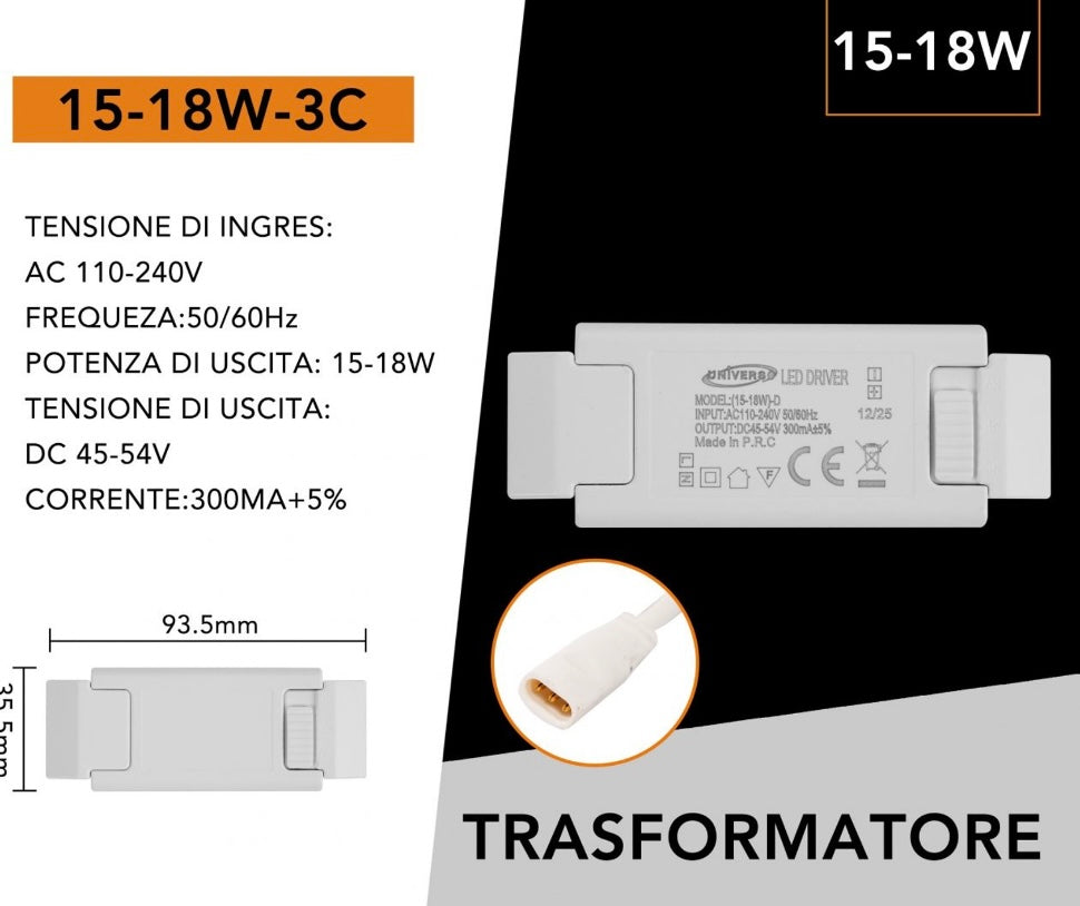 Driver LED 15-18W 300mA, Trasformatore LED AC 110-240V a DC 45-54V, Alimentatore per Faretti e Pannelli LED, 10 Pezzi, 15-18W-3C