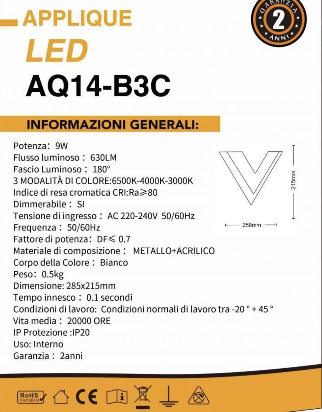TEKHOME Applique da muro LED 9W design moderno a forma di V, luce regolabile 3000K-6500K, lampada da parete decorativa per soggiorno, corridoio e camera da letto AQ14-B3C