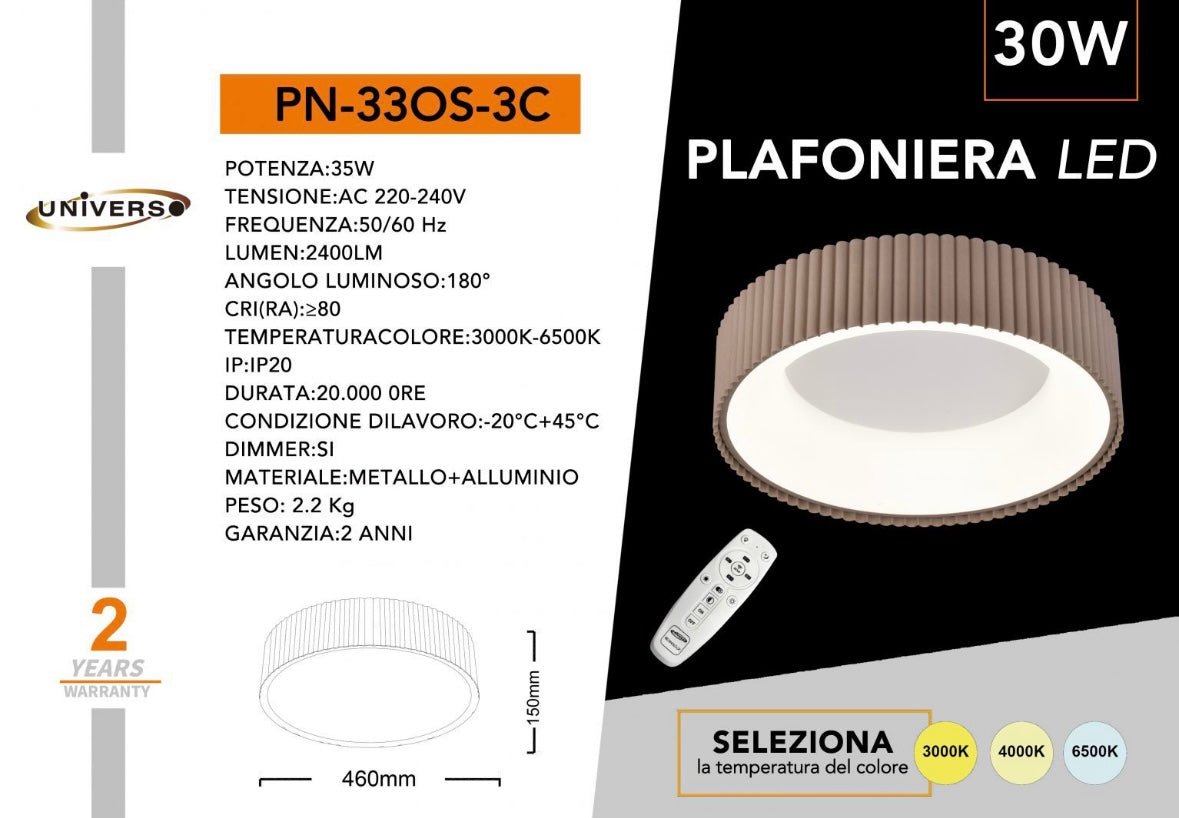 Plafoniera LED Moderna 30W Ø46cm con Telecomando, CCT Regolabile 3000K–4000K–6500K, Luce Soffitto Design Metallo, Lampada da Soffitto per Soggiorno Camera – PN-33OS-3C