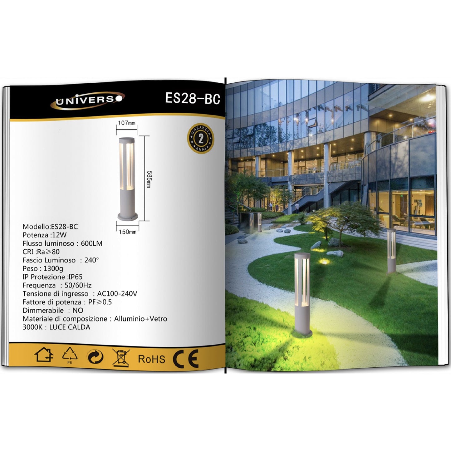 Lampada da giardino IP65 12W per esterno, bollard light in alluminio+vetro, 600lm, 3000K/4000K/6500K – Serie ES28