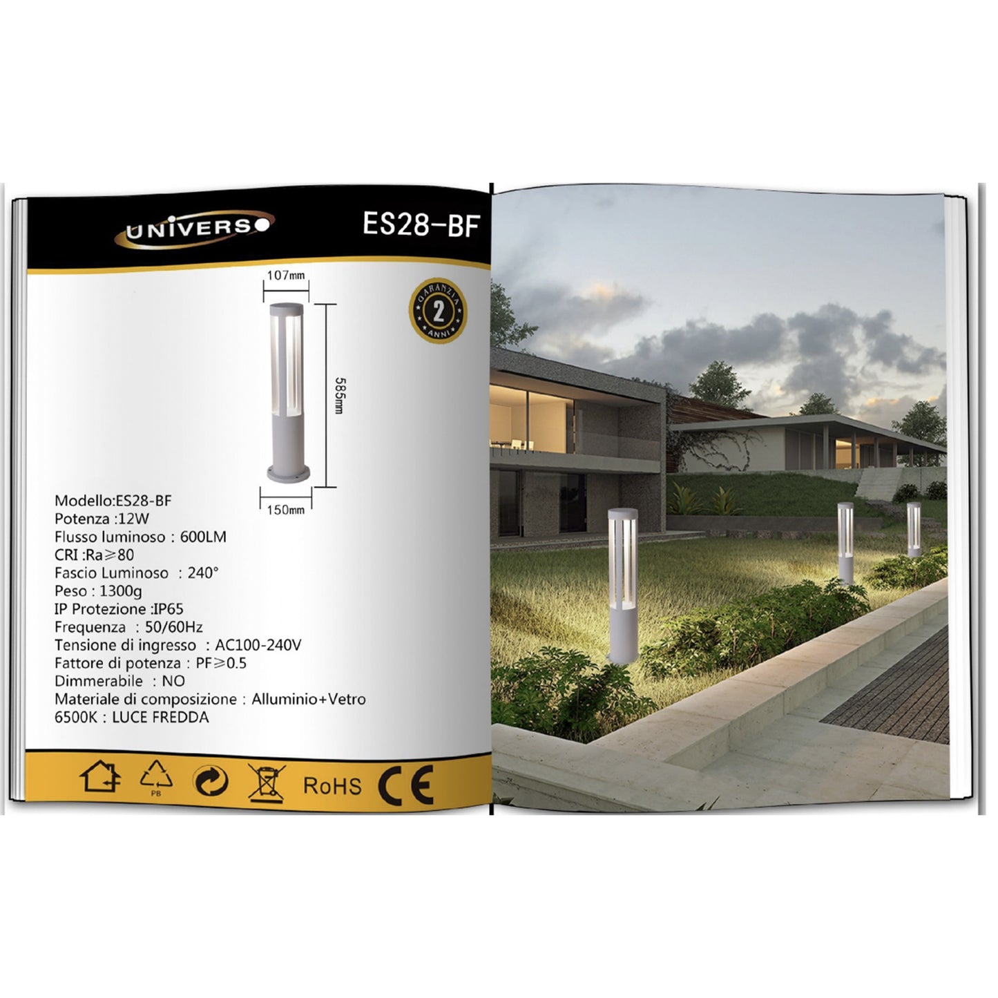 Lampada da giardino IP65 12W per esterno, bollard light in alluminio+vetro, 600lm, 3000K/4000K/6500K – Serie ES28
