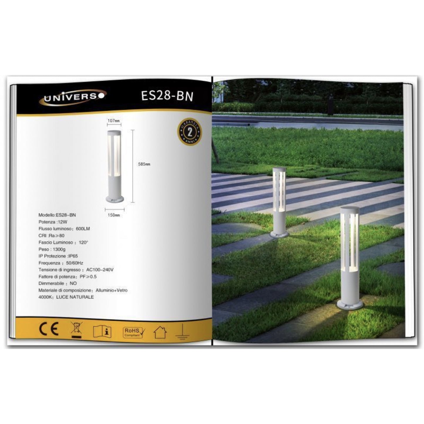 Lampada da giardino IP65 12W per esterno, bollard light in alluminio+vetro, 600lm, 3000K/4000K/6500K – Serie ES28