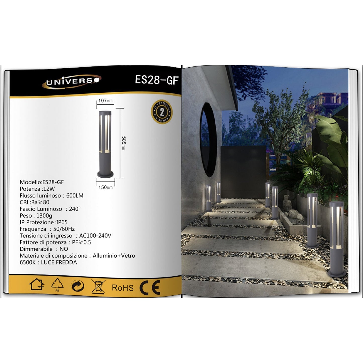 Lampada da giardino IP65 12W per esterno, bollard light in alluminio+vetro, 600lm, 3000K/4000K/6500K – Serie ES28