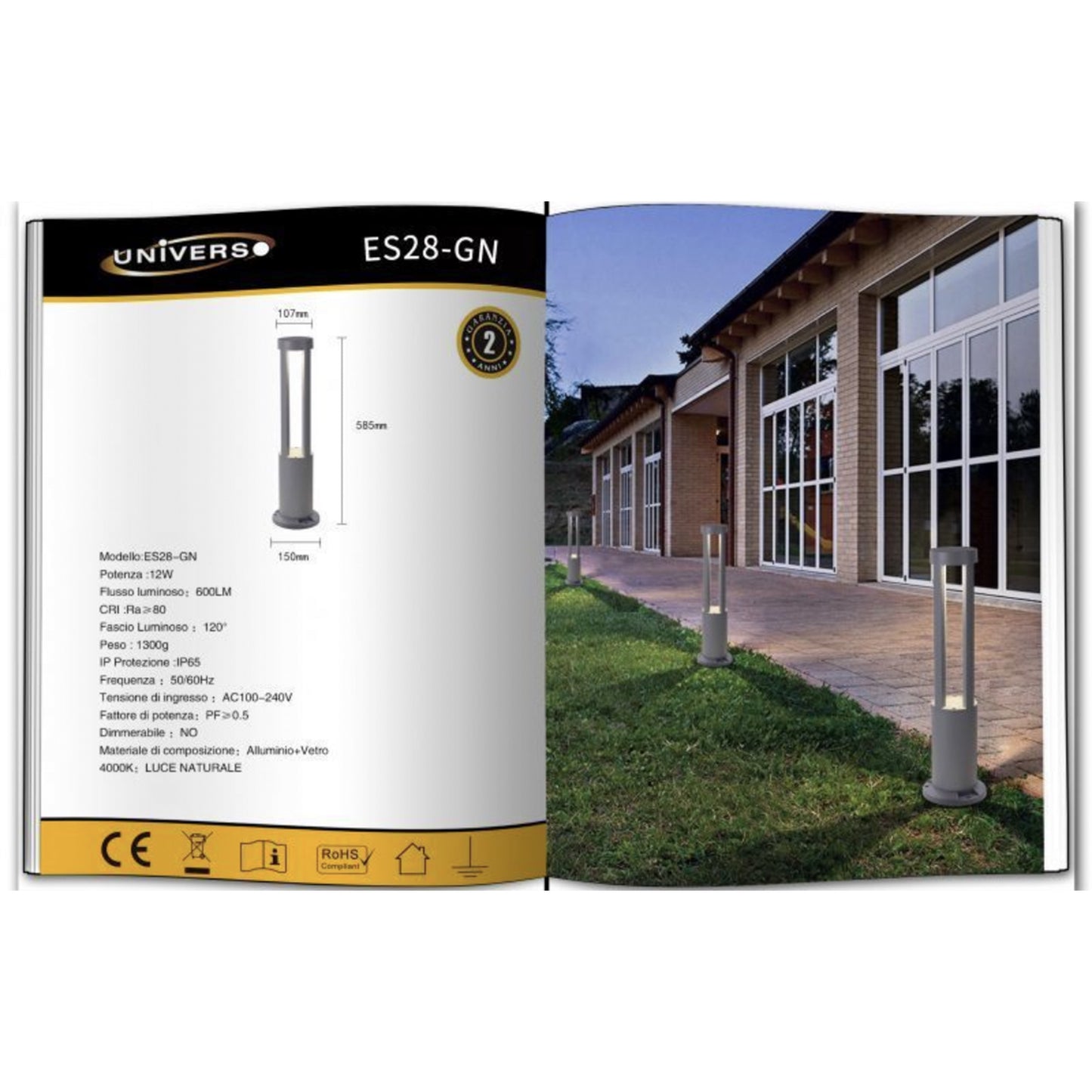 Lampada da giardino IP65 12W per esterno, bollard light in alluminio+vetro, 600lm, 3000K/4000K/6500K – Serie ES28
