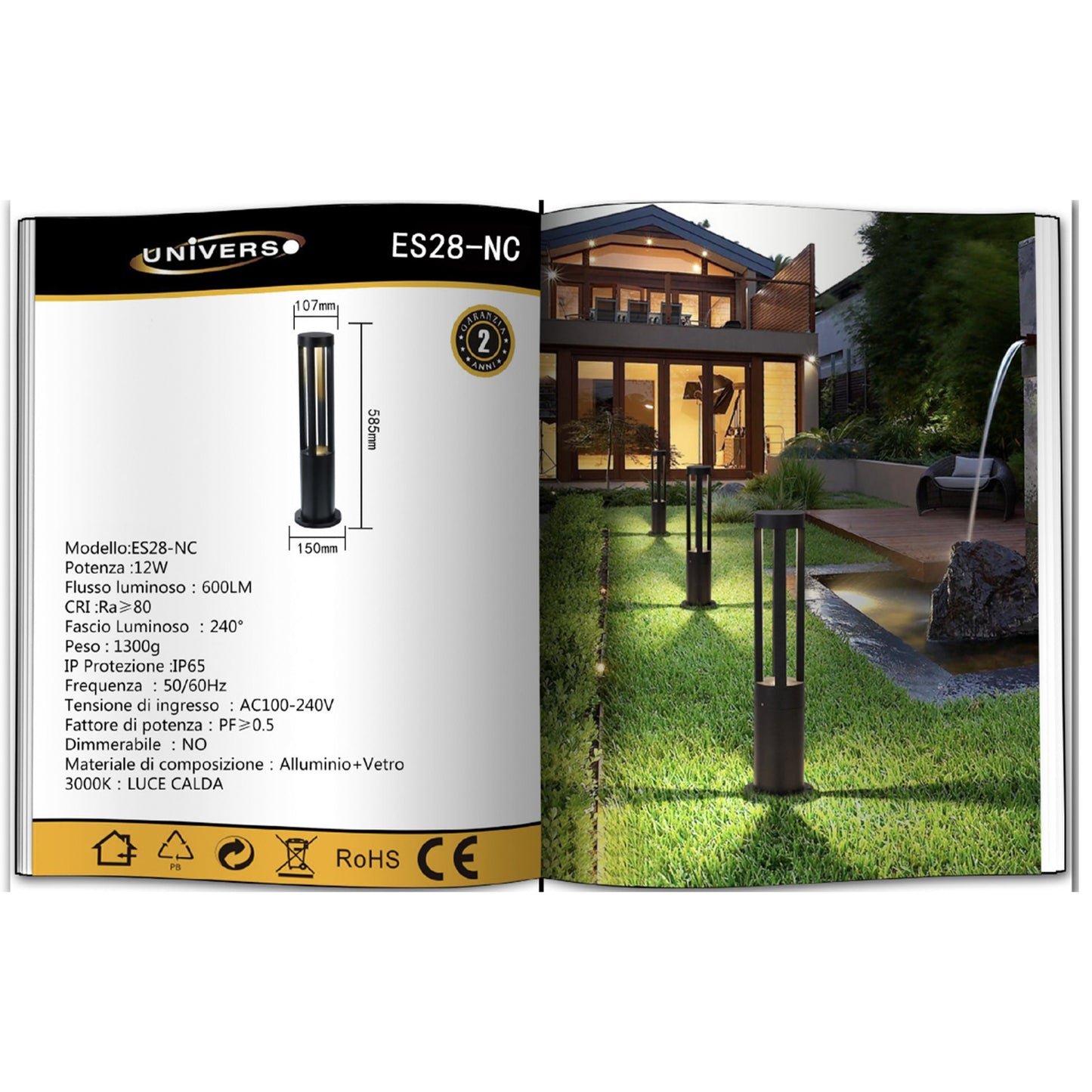 Lampada da giardino IP65 12W per esterno, bollard light in alluminio+vetro, 600lm, 3000K/4000K/6500K – Serie ES28