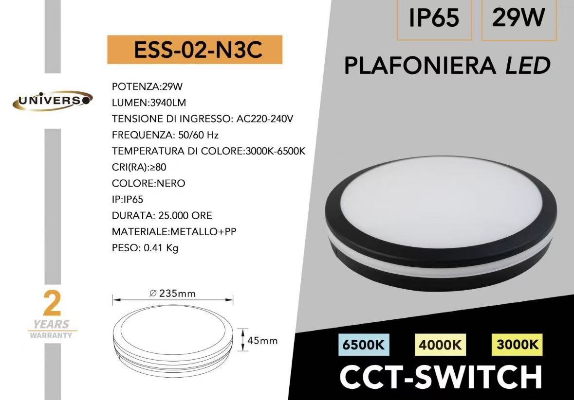 Plafoniera LED IP65 29W CCT 3000K-4000K-6500K Ø235mm, Lampada da Soffitto per Interno/Esterno, Ultra Luminosa 3940LM, Colore Nero/Bianco, ESS-02