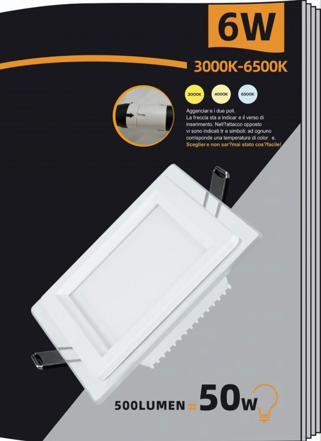 Faretto LED da Incasso Quadrato 6W 500LM, 3 Colori Selezionabili 3000K 4000K 6500K, Pannello LED 100x100mm, Foro 75x75mm, Fascio 120°, CRI≥80, 1 Pezzo, P-75E-Q3C