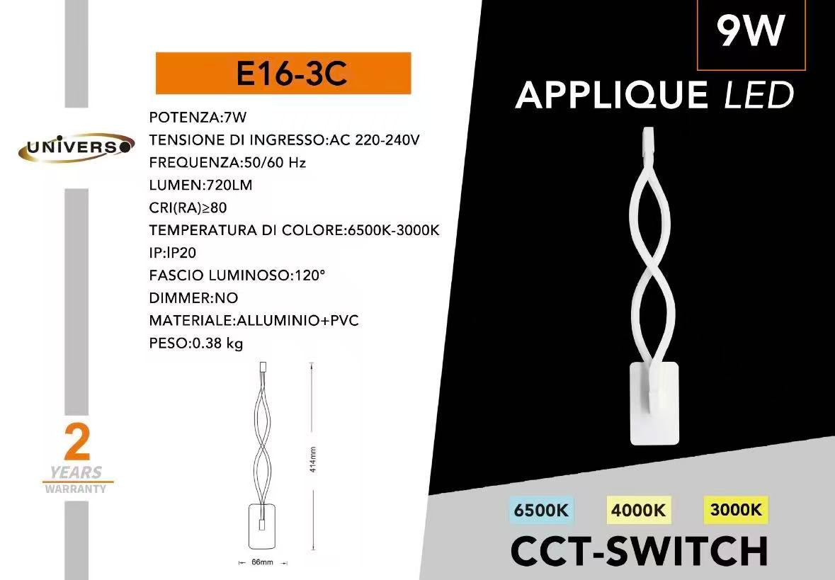 Applique LED Moderna 9W da Parete, CCT Switch 3000K/4000K/6500K, 720lm, Design Ondulato, Luce Interni – Serie E16 (3 COLORI)
