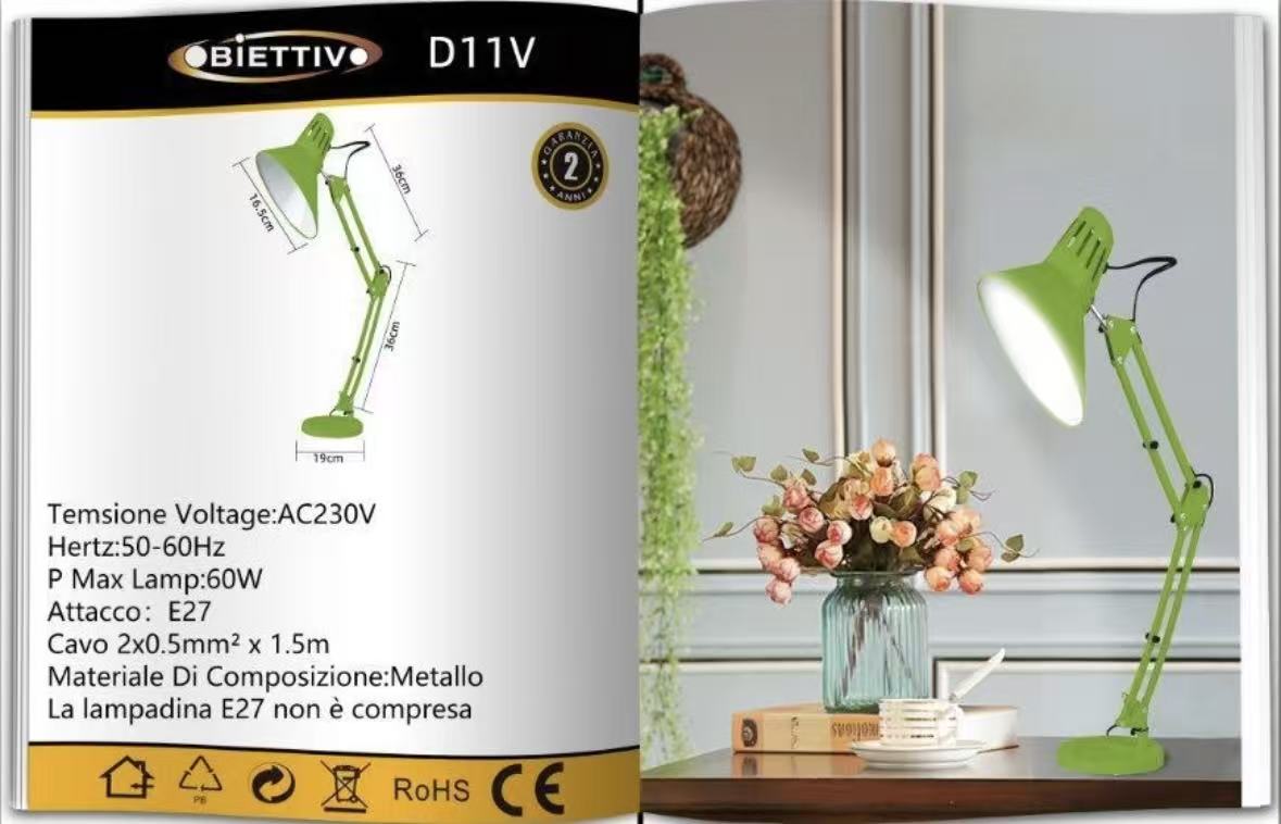 Lampada da Scrivania Orientabile E27 in Metallo – Lampada da Tavolo Moderna con Braccio Regolabile, Base Stabile, per Studio, Ufficio, Cameretta D11