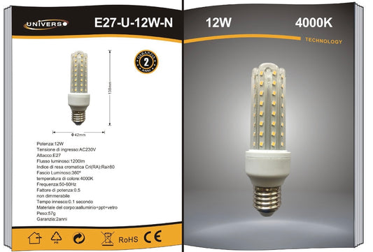 Lampadine LED E27 12W, Confezione da 10 Pezzi, 1200LM, 3000K/4000K/6500K, Luce Calda, Naturale e Fredda, Lampadina LED a U, CRI>80, Illuminazione 360°, Risparmio Energetico, Modello E27-U-12W