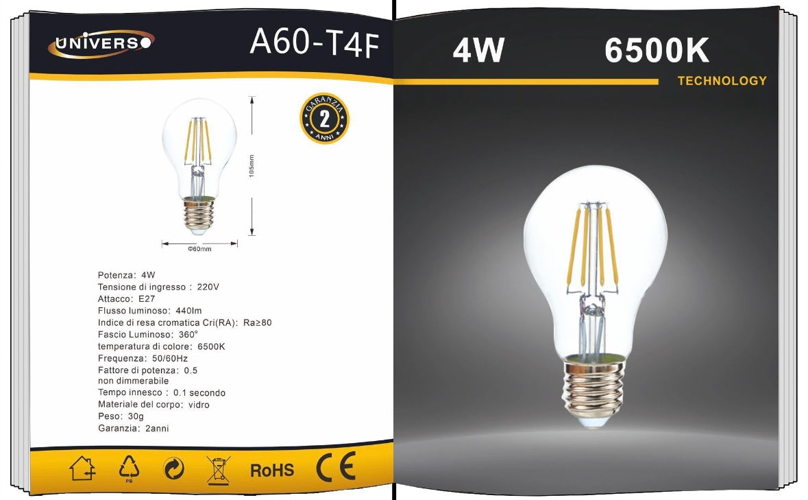 Lampadine LED E27 A60 4W, Confezione da 5 Pezzi, 440LM, 3000K/4000K/6500K, Lampadine in Vetro Trasparente, Luce a 360°, Basso Consumo Energetico, Modello A60-T4