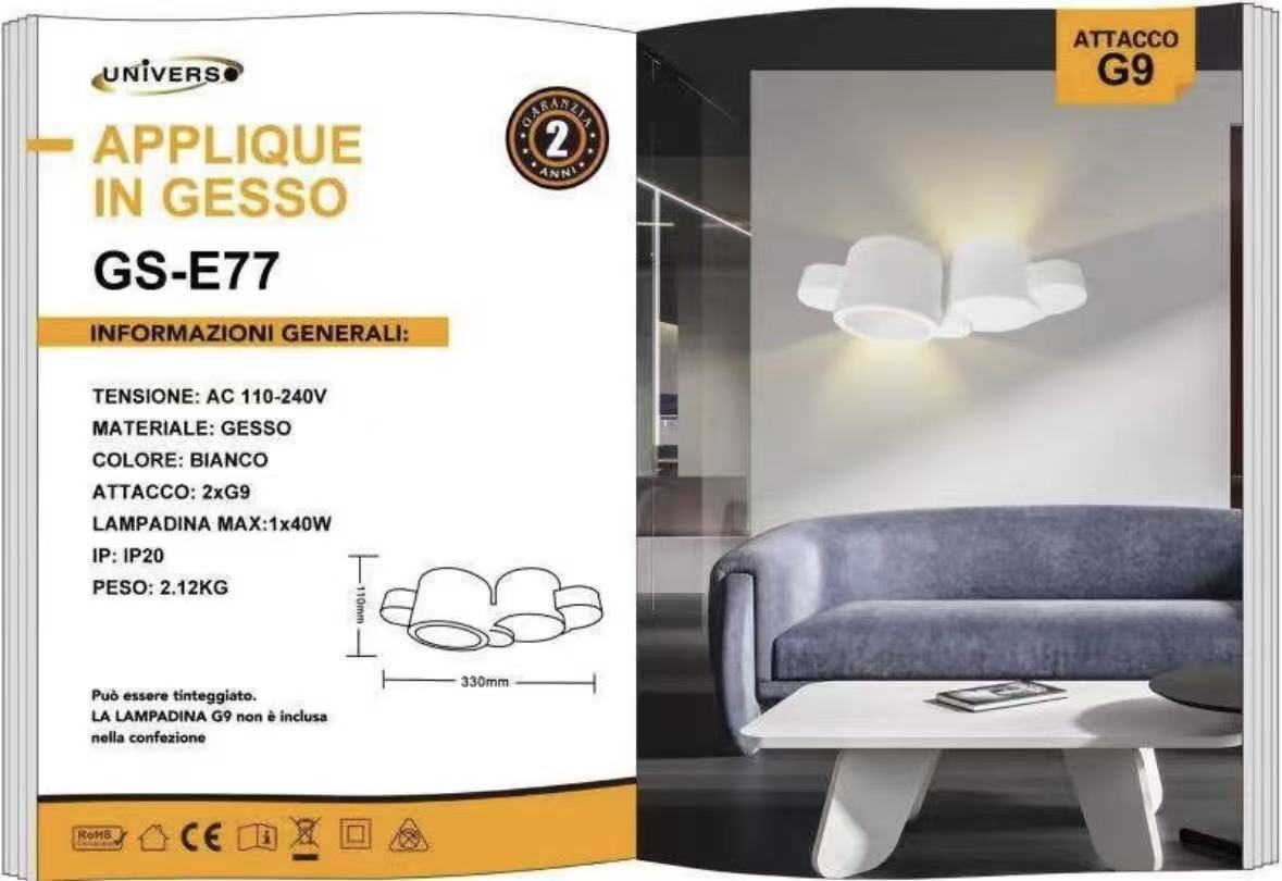 TEKHONE Applique da Parete in Gesso Bianco Moderno, Doppia Emissione di Luce, Attacco G9, Verniciabile, Lampada da Muro per Soggiorno Camera Corridoio – GS-E77