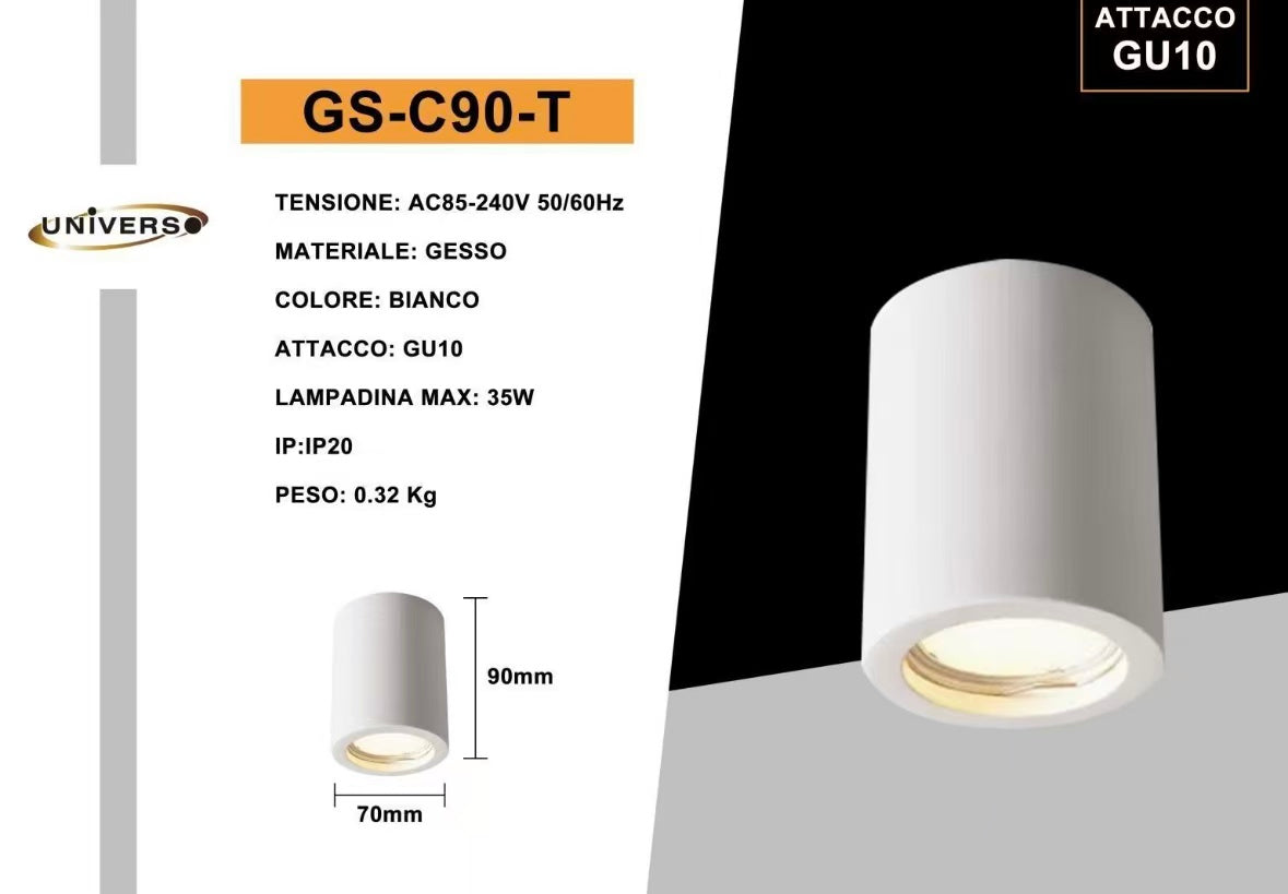 Portafaretto in Gesso GU10 da Soffitto – Faretto Cilindrico Bianco Verniciabile, Ø70x90mm, Incasso/Plafone, Design Moderno, IP20 GS-C90-T