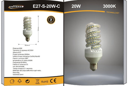 Lampadine LED E27 20W, Confezione da 10 Pezzi, 2000LM, 3000K/4000K/6500K, Luce Calda, Naturale e Fredda, Lampadina LED a Spirale, CRI>80, Illuminazione 360°, Risparmio Energetico,E27-S-20W