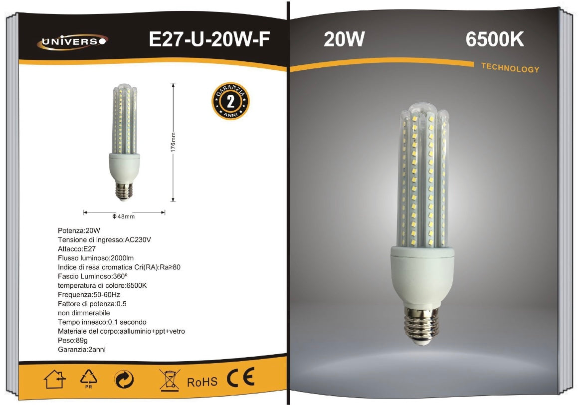 Lampadine LED E27 20W, Confezione da 10 Pezzi, 2000LM, 3000K/4000K/6500K, Lampadina LED a U, Fascio Luminoso 360°, CRI>80, Basso Consumo Energetico, Non Dimmerabile, Modello E27-U-20W