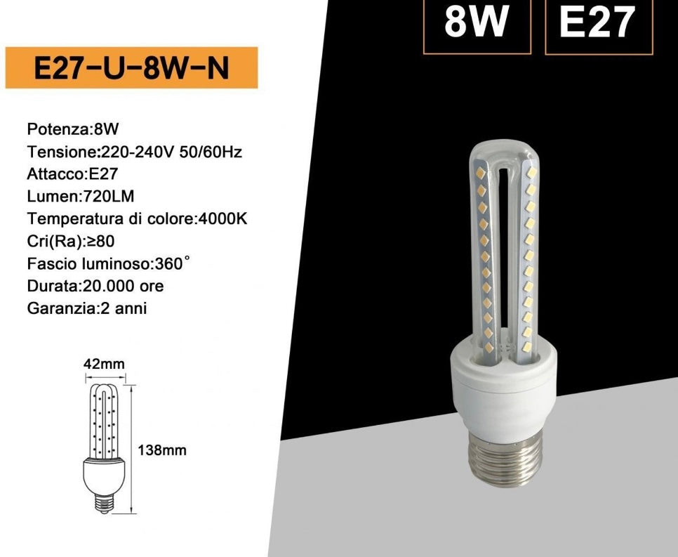 ampadine LED E27 8W, Confezione da 10 Pezzi, 720LM, 3000K/4000K/6500K, Luce Calda, Naturale e Fredda, Lampadina LED a U, CRI>80, Illuminazione 360°, Risparmio Energetico, Modello E27-U-8W