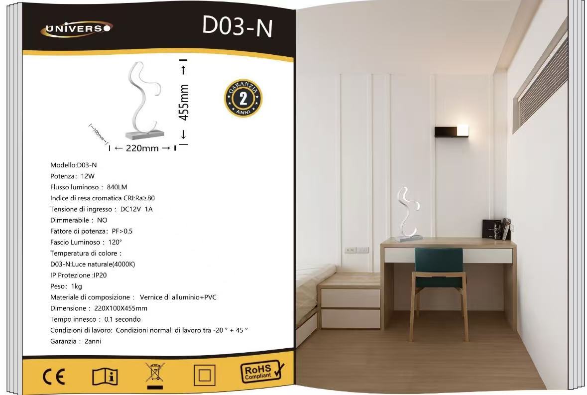 Lampada da Tavolo LED Moderna – 12W, Design Artistico a S, CRI≥80, 3000K / 4000K / 6500K, Lampada da Comodino e Scrivania, Interno IP20- D03